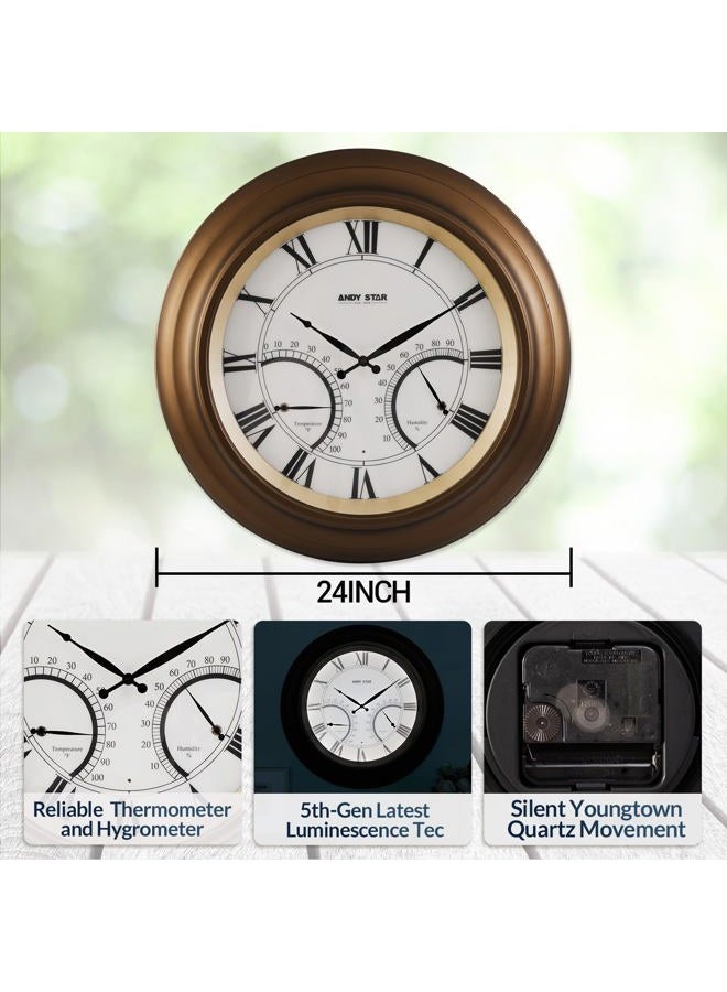 ANDY STAR 24 Inch Outdoor Clocks Waterproof,Large Outdoor Wall Clocks for Patio with Thermometer Combo, Silent Weatherproof Illuminated Metal Clock Battery Operated with Thermometer&Hygrometer, Bronze - Image 5