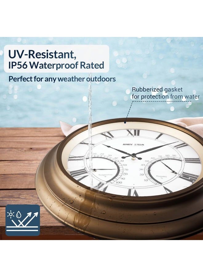 ANDY STAR 24 Inch Outdoor Clocks Waterproof,Large Outdoor Wall Clocks for Patio with Thermometer Combo, Silent Weatherproof Illuminated Metal Clock Battery Operated with Thermometer&Hygrometer, Bronze - Image 4