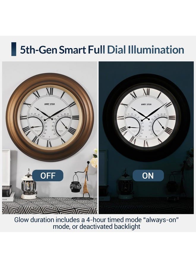 ANDY STAR 24 Inch Outdoor Clocks Waterproof,Large Outdoor Wall Clocks for Patio with Thermometer Combo, Silent Weatherproof Illuminated Metal Clock Battery Operated with Thermometer&Hygrometer, Bronze - Image 3