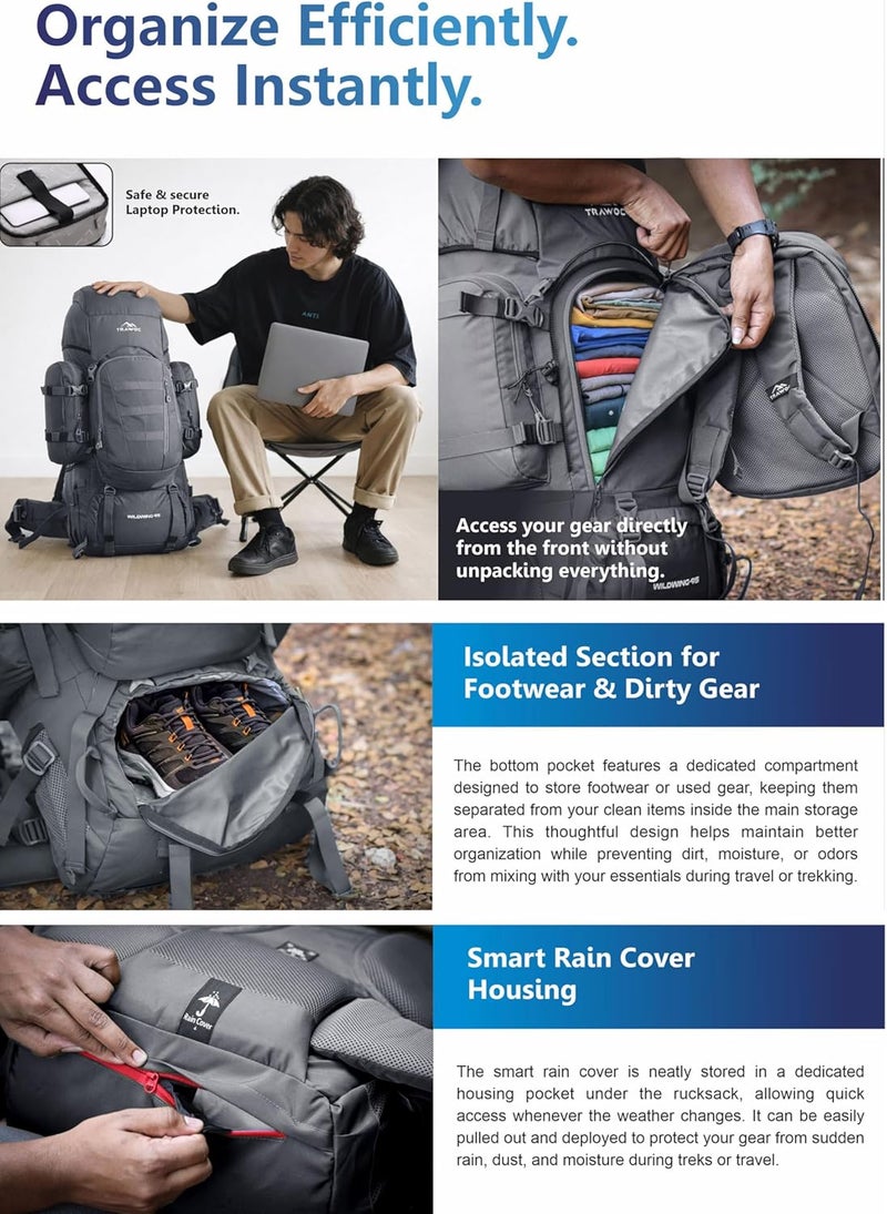 Trawoc WILDWING 95L (80+15) Internal Frame Travel Backpack with Detachable Daypack/Camping Hiking Trekking Bag Large Rucksack for Men & Women - Image 4