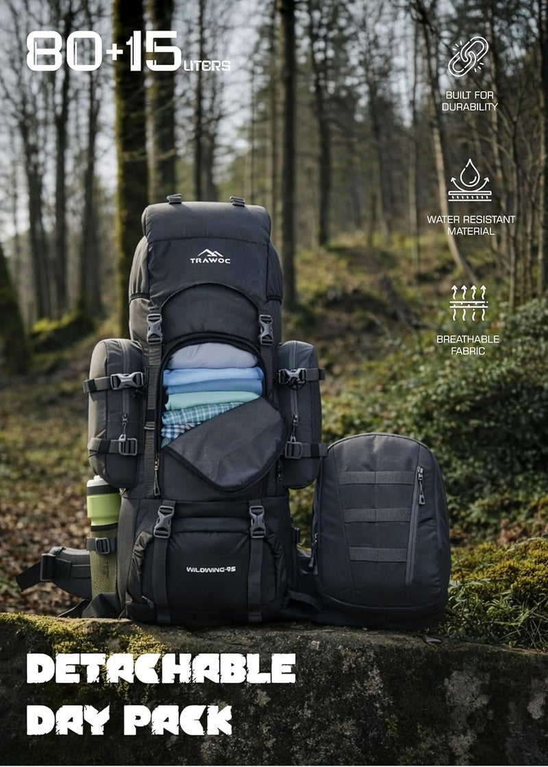 Trawoc WILDWING 95L (80+15) Internal Frame Travel Backpack with Detachable Daypack/Camping Hiking Trekking Bag Large Rucksack for Men & Women - Image 5