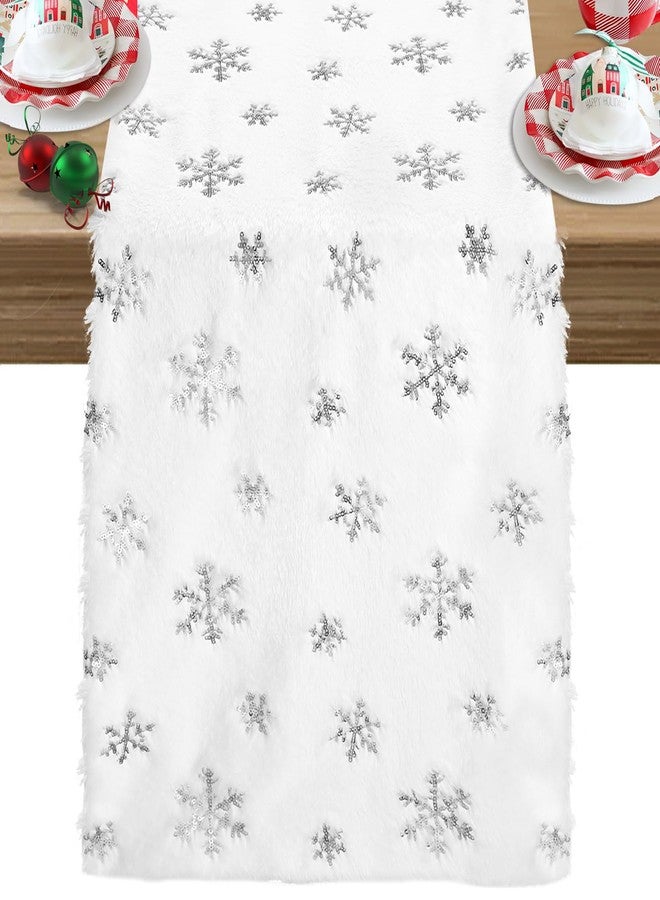 LuoluoHouse Faux Fur Christmas Table Runners 72 inches Long, Silver Sequin Snowflake Table Runner Xmas Table Runner for White Super Soft Thick Luxury Christmas Table Decoration, 13x72 inch - Image 3