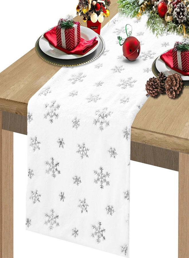 LuoluoHouse Faux Fur Christmas Table Runners 72 inches Long, Silver Sequin Snowflake Table Runner Xmas Table Runner for White Super Soft Thick Luxury Christmas Table Decoration, 13x72 inch - Image 1