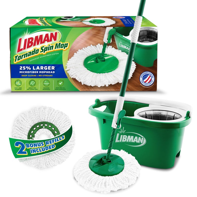 Libman Commercial Libman Tornado Spin Mop System with 2 Refill Heads, Microfiber Spinning Mop and Bucket with Wringer Set for Home, Floor Cleaning of Hard-Wood, Laminate, Tile, All Surface Cleaner, 3 Total Mop Heads - Image 1