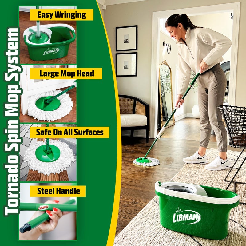 Libman Commercial Libman Tornado Spin Mop System with 2 Refill Heads, Microfiber Spinning Mop and Bucket with Wringer Set for Home, Floor Cleaning of Hard-Wood, Laminate, Tile, All Surface Cleaner, 3 Total Mop Heads - Image 5
