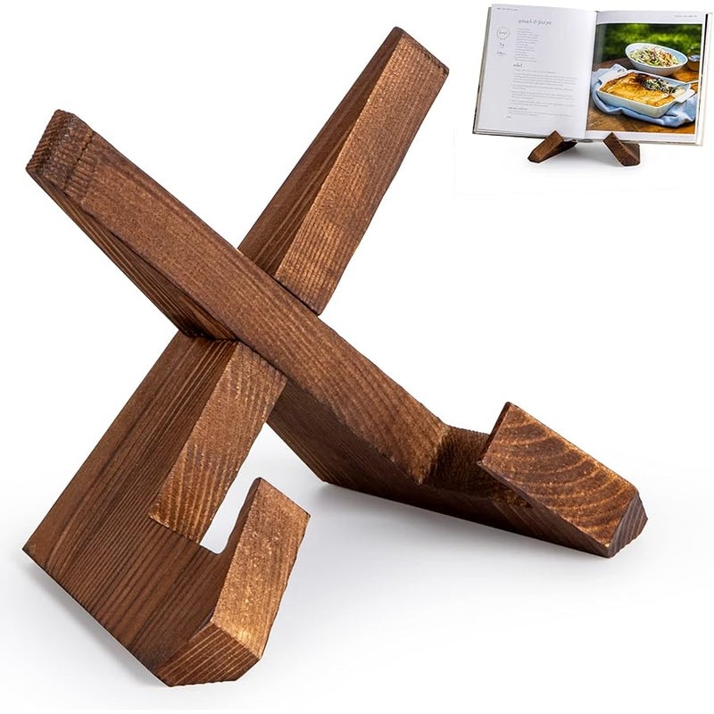 EFFORTICH Cookbook Stand, Wooden Recipe Book Holder, Cook Book Stand for Kitchen Counter, Multifunctional Display Stand, Kitchen Counter Decor - Brown - Image 1