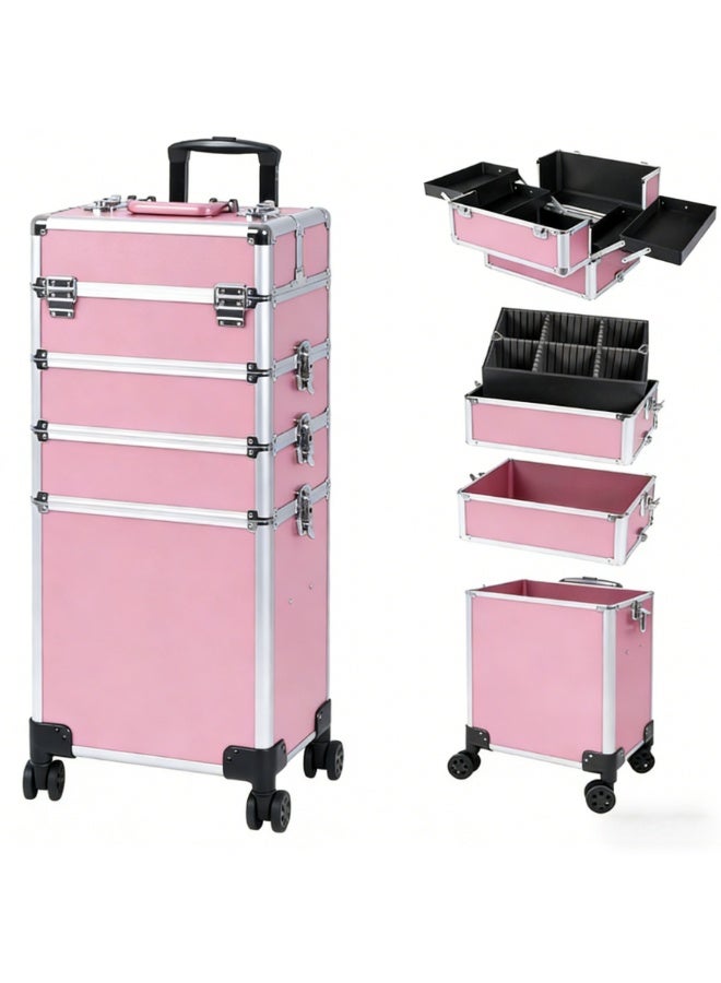 حقيبة مكياج بعجلات، حقيبة تجميل بعجلات مع مساحة تخزين كبيرة، تصميم متين، هدية مثالية لفناني المكياج ومصففي الشعر وفنيي الأظافر، منظم تجميل محمول للسفر أو الاستخدام في الصالون (وردي، AIGE-001-4 طبقات) - Image 1
