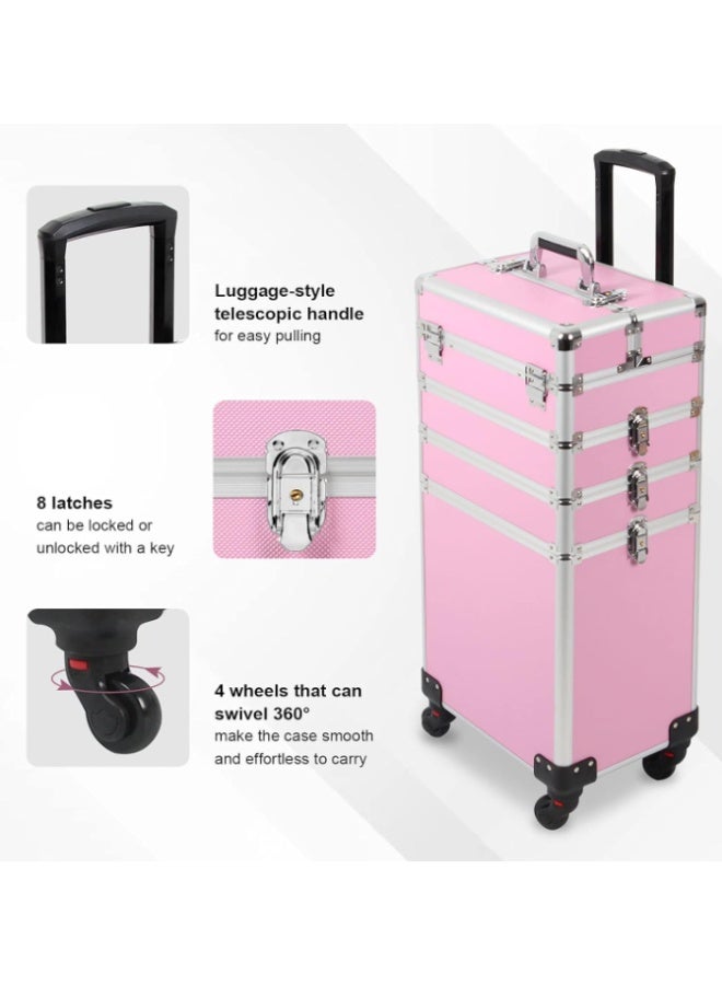 حقيبة مكياج بعجلات، حقيبة تجميل بعجلات مع مساحة تخزين كبيرة، تصميم متين، هدية مثالية لفناني المكياج ومصففي الشعر وفنيي الأظافر، منظم تجميل محمول للسفر أو الاستخدام في الصالون (وردي، AIGE-001-4 طبقات) - Image 2