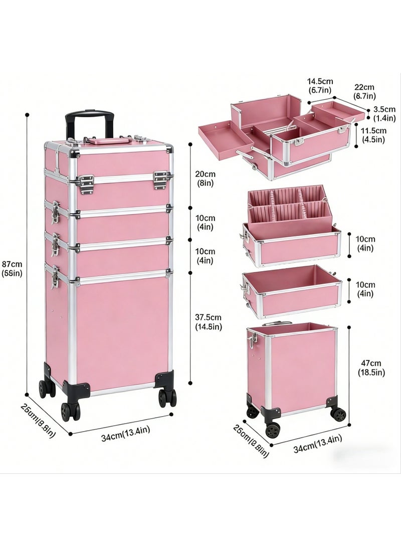 حقيبة مكياج بعجلات، حقيبة تجميل بعجلات مع مساحة تخزين كبيرة، تصميم متين، هدية مثالية لفناني المكياج ومصففي الشعر وفنيي الأظافر، منظم تجميل محمول للسفر أو الاستخدام في الصالون (وردي، AIGE-001-4 طبقات) - Image 3