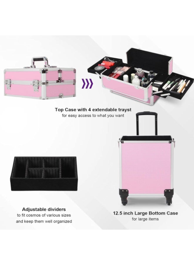 حقيبة مكياج بعجلات، حقيبة تجميل بعجلات مع مساحة تخزين كبيرة، تصميم متين، هدية مثالية لفناني المكياج ومصففي الشعر وفنيي الأظافر، منظم تجميل محمول للسفر أو الاستخدام في الصالون (وردي، AIGE-001-4 طبقات) - Image 4