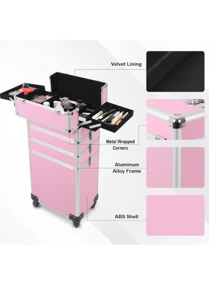 حقيبة مكياج بعجلات، حقيبة تجميل بعجلات مع مساحة تخزين كبيرة، تصميم متين، هدية مثالية لفناني المكياج ومصففي الشعر وفنيي الأظافر، منظم تجميل محمول للسفر أو الاستخدام في الصالون (وردي، AIGE-001-4 طبقات) - Image 5