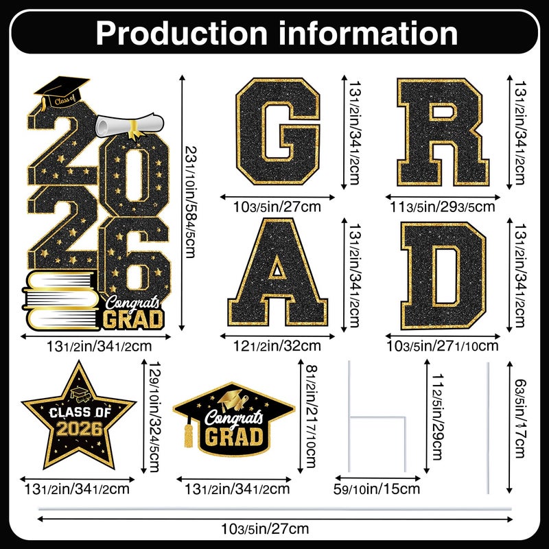 Biswiter Graduation Decorations 2026, Graduation Yard Signs Class of 2026, Black Gold 7 Piece Set, Congrats Grad 2026 lawn signs with Stakes for Large Outdoor, Wind-Rain Stable, Easy Setup for Lawn - Image 2