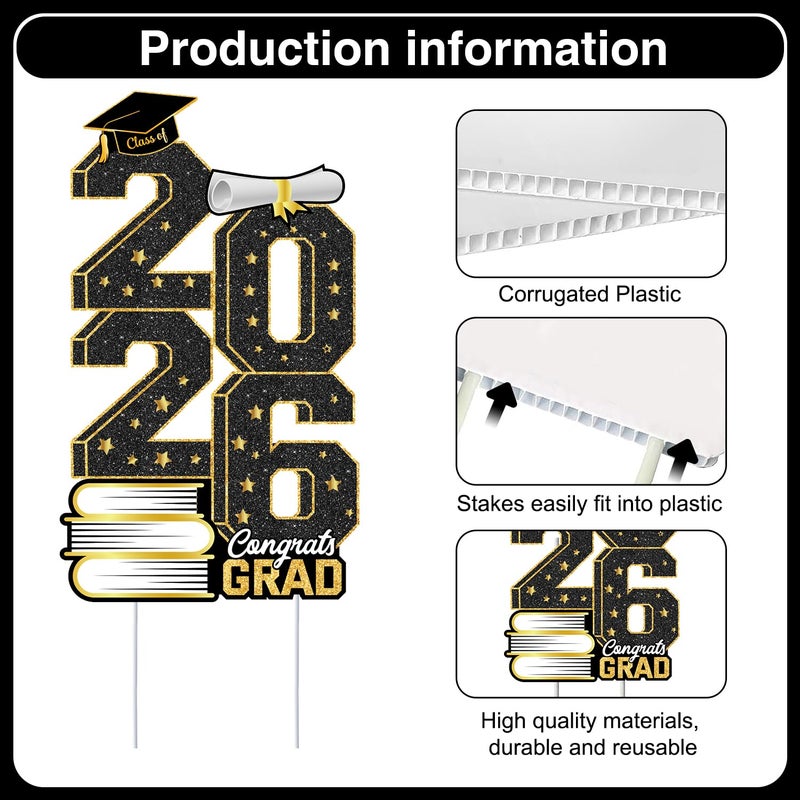 Biswiter Graduation Decorations 2026, Graduation Yard Signs Class of 2026, Black Gold 7 Piece Set, Congrats Grad 2026 lawn signs with Stakes for Large Outdoor, Wind-Rain Stable, Easy Setup for Lawn - Image 5
