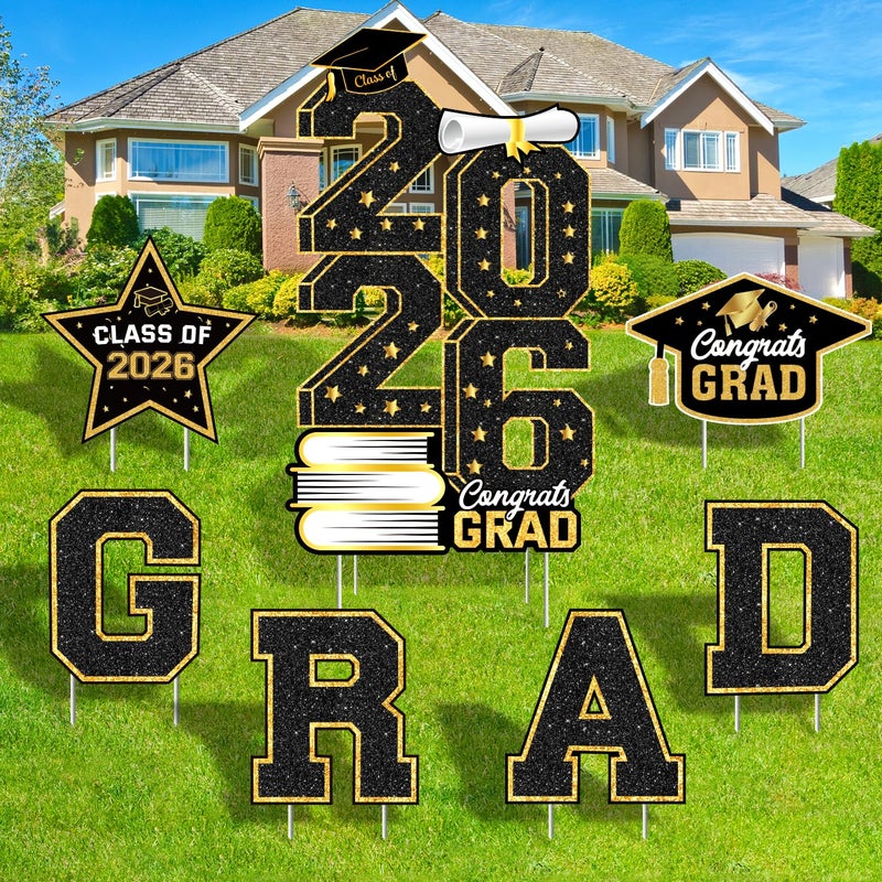Biswiter Graduation Decorations 2026, Graduation Yard Signs Class of 2026, Black Gold 7 Piece Set, Congrats Grad 2026 lawn signs with Stakes for Large Outdoor, Wind-Rain Stable, Easy Setup for Lawn - Image 1