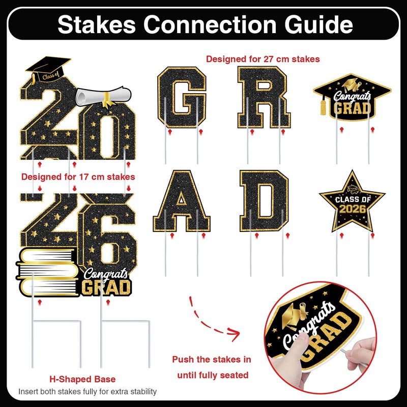 Biswiter Graduation Decorations 2026, Graduation Yard Signs Class of 2026, Black Gold 7 Piece Set, Congrats Grad 2026 lawn signs with Stakes for Large Outdoor, Wind-Rain Stable, Easy Setup for Lawn - Image 3