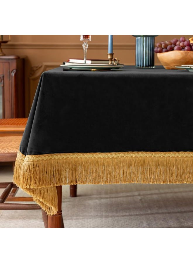 F-CHU Luxury Black Tablecloth Thickset Velvet Tablecloth with Beautiful Gold Tassels Table Cloth for Home Decor Wedding, Party, Banquet and Events 60x86-Inch - Image 1