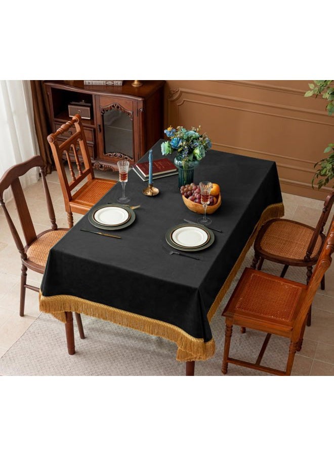 F-CHU Luxury Black Tablecloth Thickset Velvet Tablecloth with Beautiful Gold Tassels Table Cloth for Home Decor Wedding, Party, Banquet and Events 60x86-Inch - Image 2