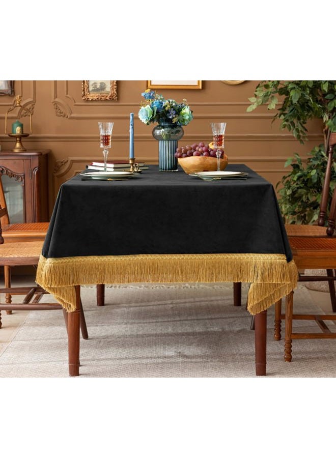 F-CHU Luxury Black Tablecloth Thickset Velvet Tablecloth with Beautiful Gold Tassels Table Cloth for Home Decor Wedding, Party, Banquet and Events 60x86-Inch - Image 3