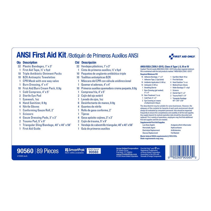 First Aid Only مجموعة الإسعافات الأولية 90560 بكميات كبيرة ANSI A لمجموعة الطوارئ لـ 25 شخص لمكتب المنزل والبناء 89 قطعة - Image 5