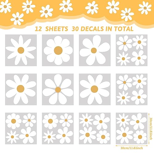 TaoBary 12 Sheets Daisy Wall Decal Flower Wall Sticker Cute Daisy Sticker Pink White Flower Decal Peel and Stick Floral Wallpaper for Nursery Bedroom Home Decor(White, Yellow,Classic Style) - Image 2