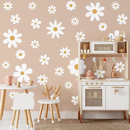 TaoBary 12 Sheets Daisy Wall Decal Flower Wall Sticker Cute Daisy Sticker Pink White Flower Decal Peel and Stick Floral Wallpaper for Nursery Bedroom Home Decor(White, Yellow,Classic Style) - Image 1
