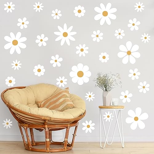 TaoBary 12 Sheets Daisy Wall Decal Flower Wall Sticker Cute Daisy Sticker Pink White Flower Decal Peel and Stick Floral Wallpaper for Nursery Bedroom Home Decor(White, Yellow,Classic Style) - Image 3