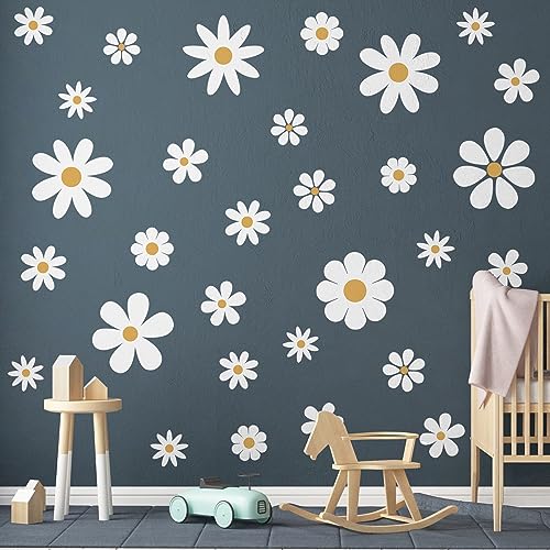 TaoBary 12 Sheets Daisy Wall Decal Flower Wall Sticker Cute Daisy Sticker Pink White Flower Decal Peel and Stick Floral Wallpaper for Nursery Bedroom Home Decor(White, Yellow,Classic Style) - Image 5