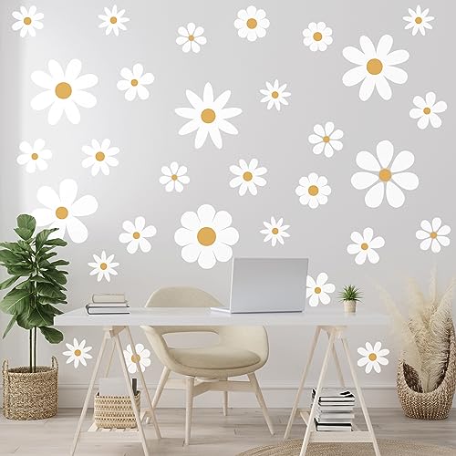 TaoBary 12 Sheets Daisy Wall Decal Flower Wall Sticker Cute Daisy Sticker Pink White Flower Decal Peel and Stick Floral Wallpaper for Nursery Bedroom Home Decor(White, Yellow,Classic Style) - Image 4