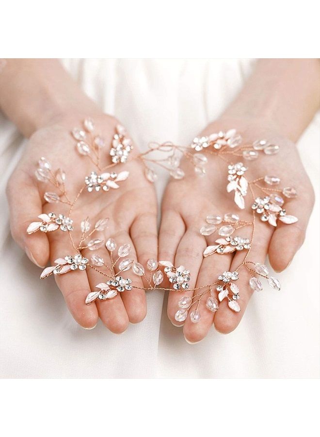 Unicra Leaf Wedding Hair Vine Flower Bridal Hair Piece Crystal Rhinestone Long Headband for Women and Girls (Rose Gold) - Image 5