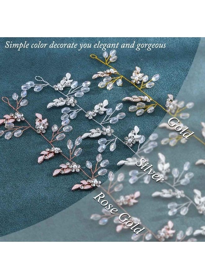 Unicra Leaf Wedding Hair Vine Flower Bridal Hair Piece Crystal Rhinestone Long Headband for Women and Girls (Rose Gold) - Image 2