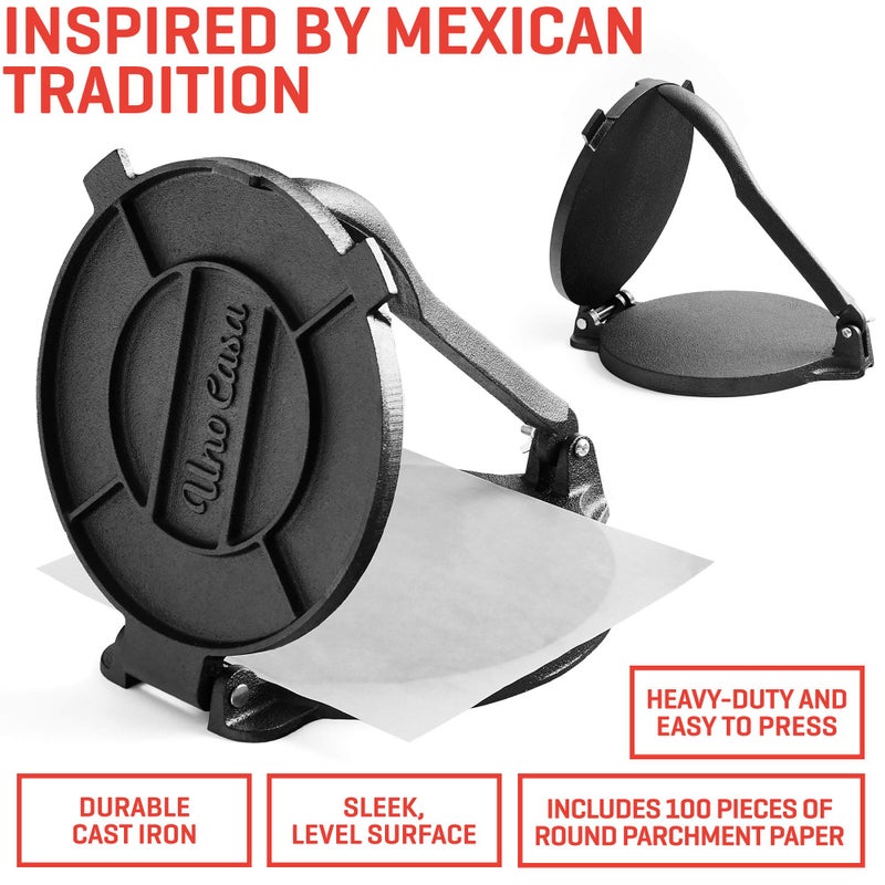 Uno Casa Cast Iron Tortilla Press 8 Inch - Bundle of Skillet for Roti / Comal Pan, Tawa / Dosa Pan Pataconera, Comales para Tortillas - Image 2