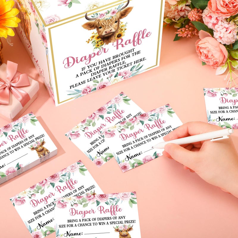 Teling 51 Pieces Diaper Raffle Tickets with Card Box Baby Shower Decorations Baby Shower Holder Box for Girl Boy Diaper Raffle Party(Highland Cow) - Image 5