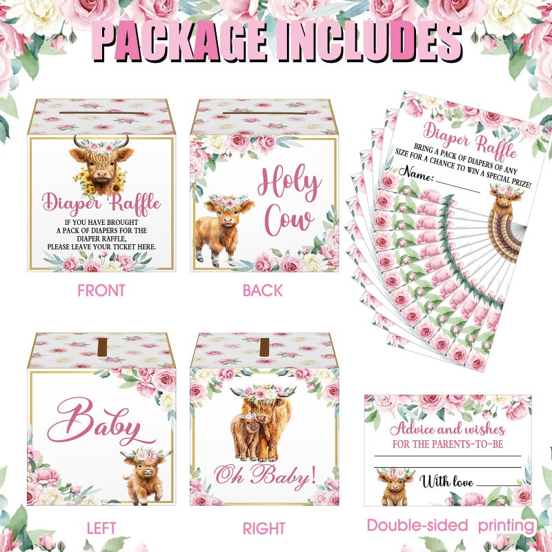 Teling 51 Pieces Diaper Raffle Tickets with Card Box Baby Shower Decorations Baby Shower Holder Box for Girl Boy Diaper Raffle Party(Highland Cow) - Image 3