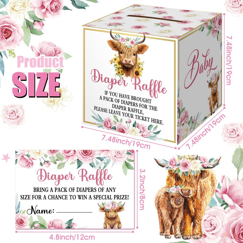 Teling 51 Pieces Diaper Raffle Tickets with Card Box Baby Shower Decorations Baby Shower Holder Box for Girl Boy Diaper Raffle Party(Highland Cow) - Image 4