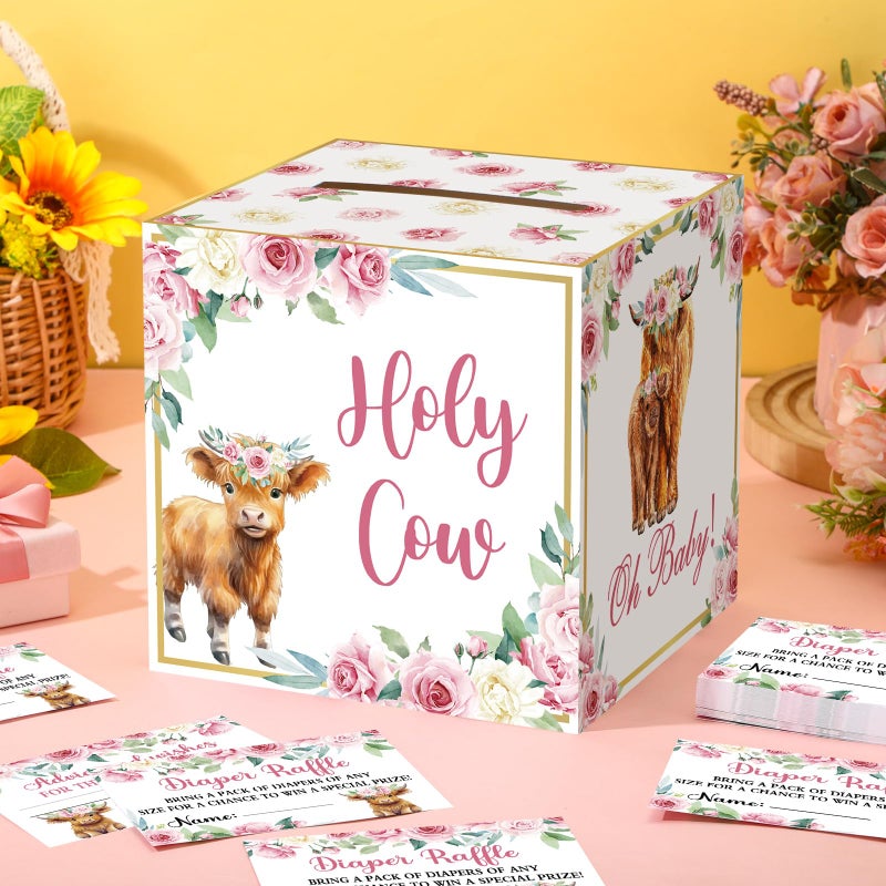 Teling 51 Pieces Diaper Raffle Tickets with Card Box Baby Shower Decorations Baby Shower Holder Box for Girl Boy Diaper Raffle Party(Highland Cow) - Image 2