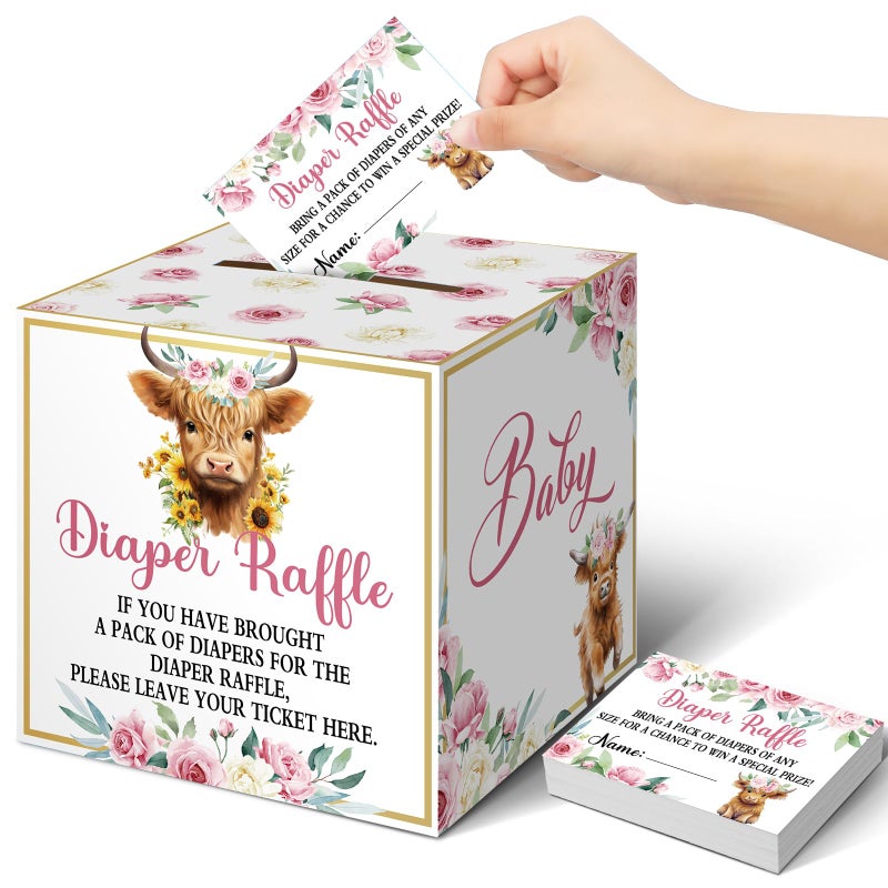 Teling 51 Pieces Diaper Raffle Tickets with Card Box Baby Shower Decorations Baby Shower Holder Box for Girl Boy Diaper Raffle Party(Highland Cow) - Image 1