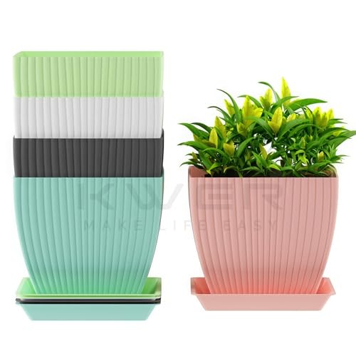 KWER Plastic Square Flower Pots – Durable Multicolor Planting Pots for Home, Balcony & Terrace, Indoor & Outdoor Gardening, Pack of 5 - Image 1
