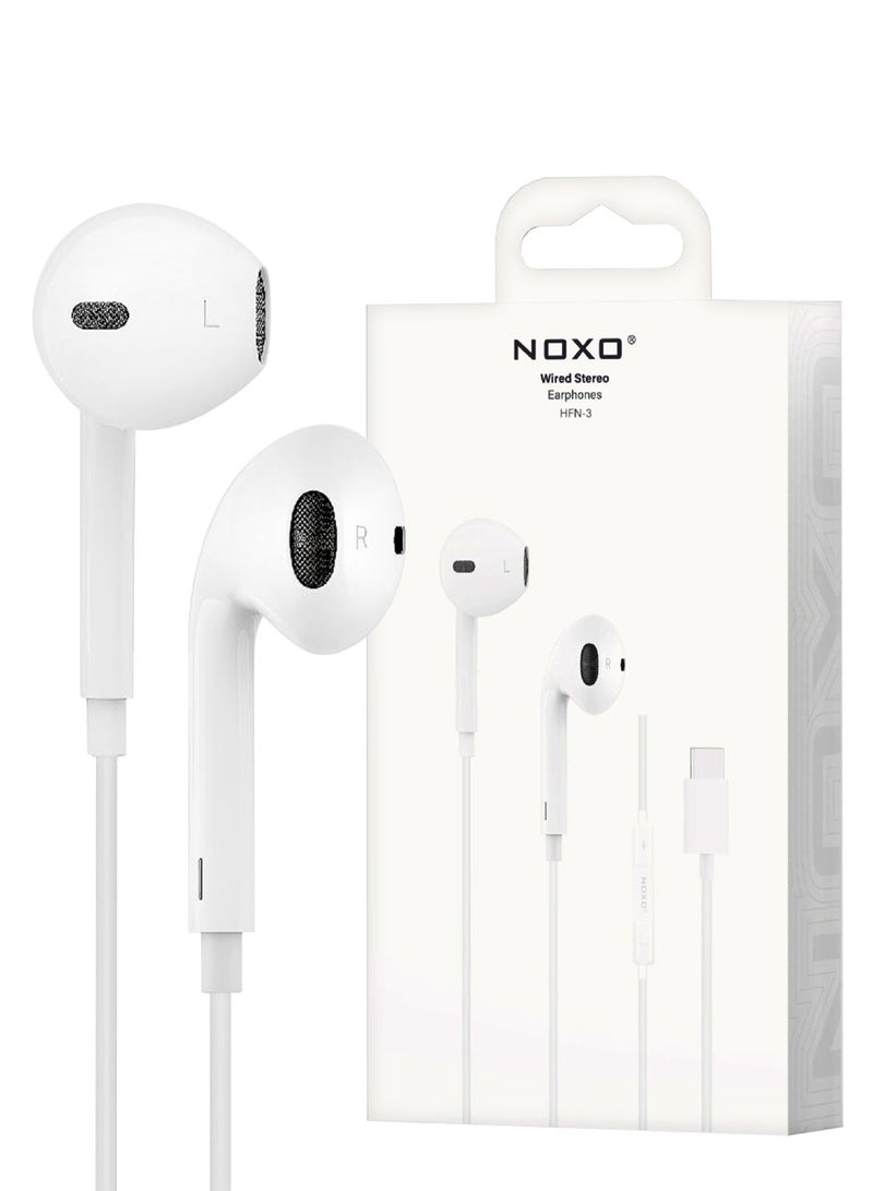 NOXO Wired Stereo Earphones HFN-3 USB-C – High-Fidelity Sound with Built-in Mic & Controls - White - Image 5