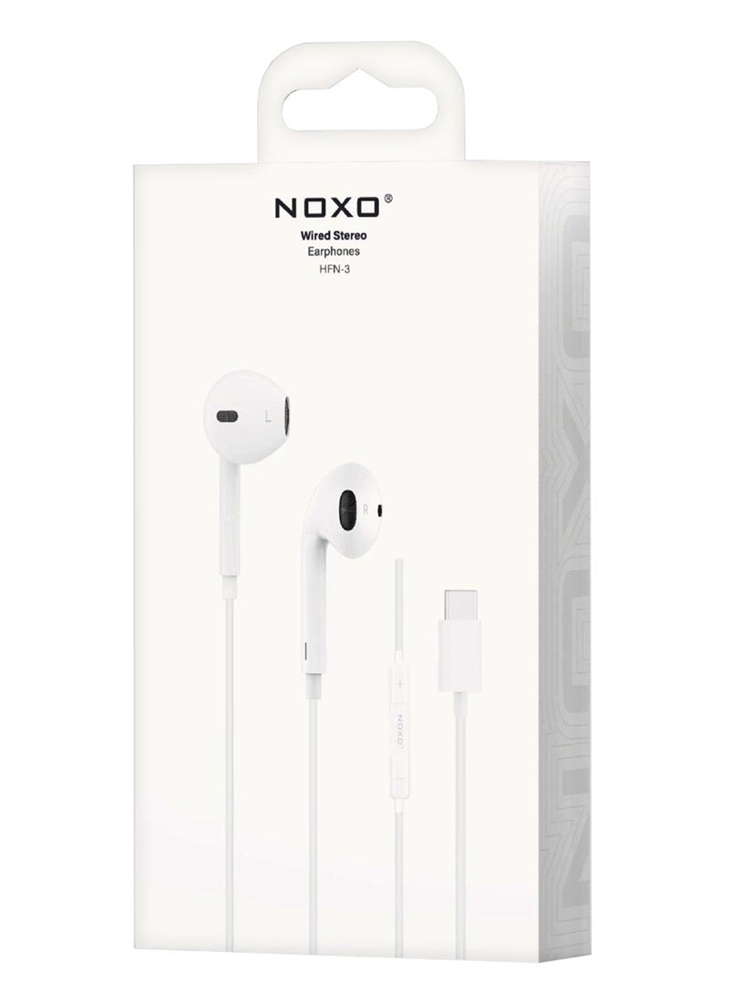 NOXO Wired Stereo Earphones HFN-3 USB-C – High-Fidelity Sound with Built-in Mic & Controls - White - Image 4