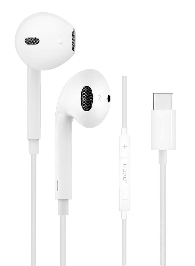 NOXO Wired Stereo Earphones HFN-3 USB-C – High-Fidelity Sound with Built-in Mic & Controls - White - Image 1