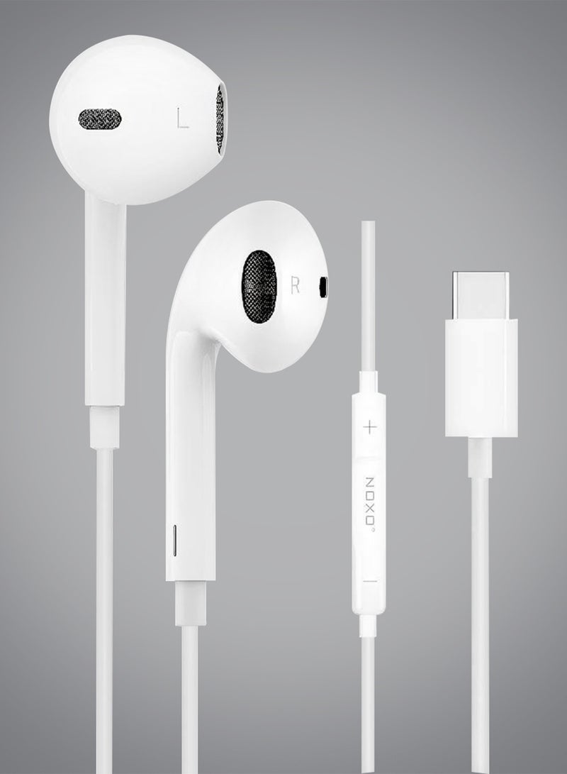 NOXO Wired Stereo Earphones HFN-3 USB-C – High-Fidelity Sound with Built-in Mic & Controls - White - Image 2