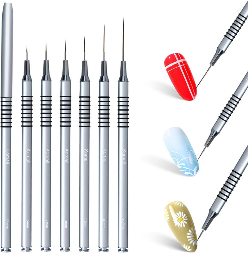 Komall Nail Art Liner Brushes, 6Pcs Painting Nail Art Brush Set Nail Dotting Drawing Tool for Long Lines, Thin Details, Fine Drawing Sizes 5/7/9/11/20/25mm(Silver) - Image 2