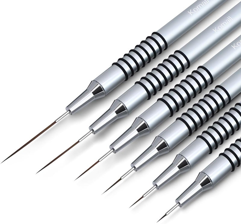 Komall Nail Art Liner Brushes, 6Pcs Painting Nail Art Brush Set Nail Dotting Drawing Tool for Long Lines, Thin Details, Fine Drawing Sizes 5/7/9/11/20/25mm(Silver) - Image 1