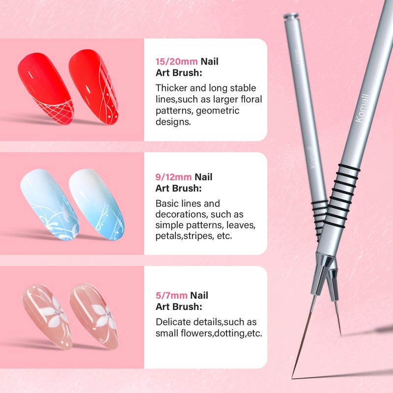 Komall Nail Art Liner Brushes, 6Pcs Painting Nail Art Brush Set Nail Dotting Drawing Tool for Long Lines, Thin Details, Fine Drawing Sizes 5/7/9/11/20/25mm(Silver) - Image 4