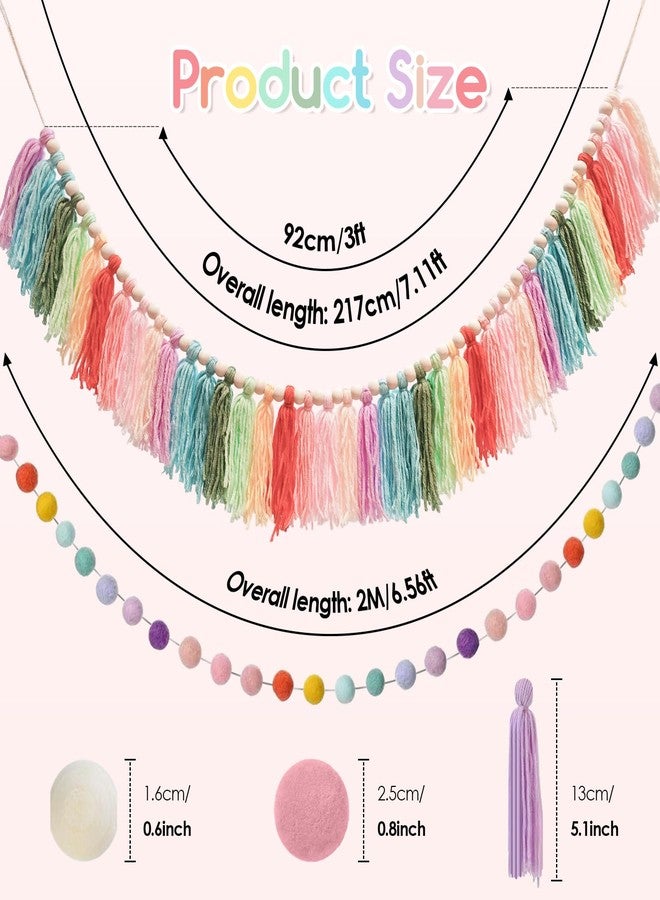 Taimimy 2pcs Boho Tassel Garland,Pom Pom Tassel,Felt Ball Garland,Colorful Wall Hanging Party Decorative Banner Pastel,Home Decoration Wedding Birthday Baby Shower (Longer Rainbow) - Image 3