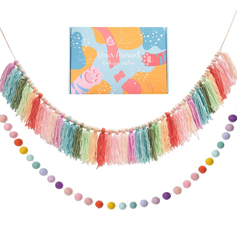 Taimimy 2pcs Boho Tassel Garland,Pom Pom Tassel,Felt Ball Garland,Colorful Wall Hanging Party Decorative Banner Pastel,Home Decoration Wedding Birthday Baby Shower (Longer Rainbow) - Image 1