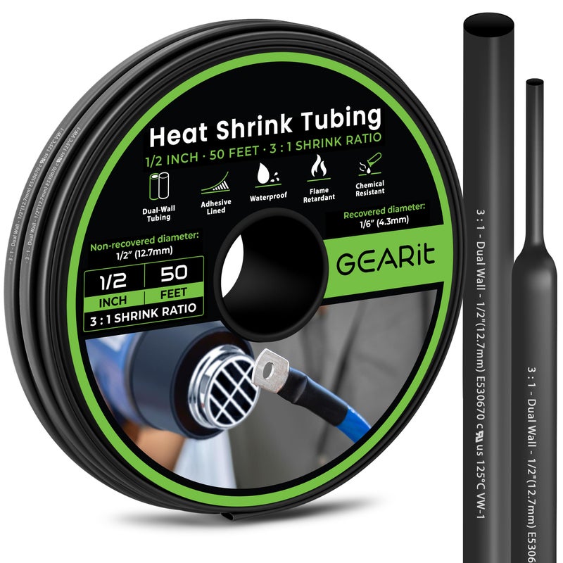 GEARit 1/2 inch Heat Shrink Tubing - 3:1 Ratio Adhesive Lined, Marine-Grade Waterproof Industrial Shrink Wrap, Dual-Wall Tubing, UL Approved - 50FT Roll - Black - Image 1