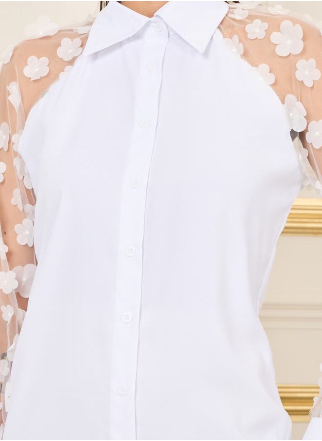 Styli - Floral Applique Mesh Sleeves Regular Fit Shirt - Image 1
