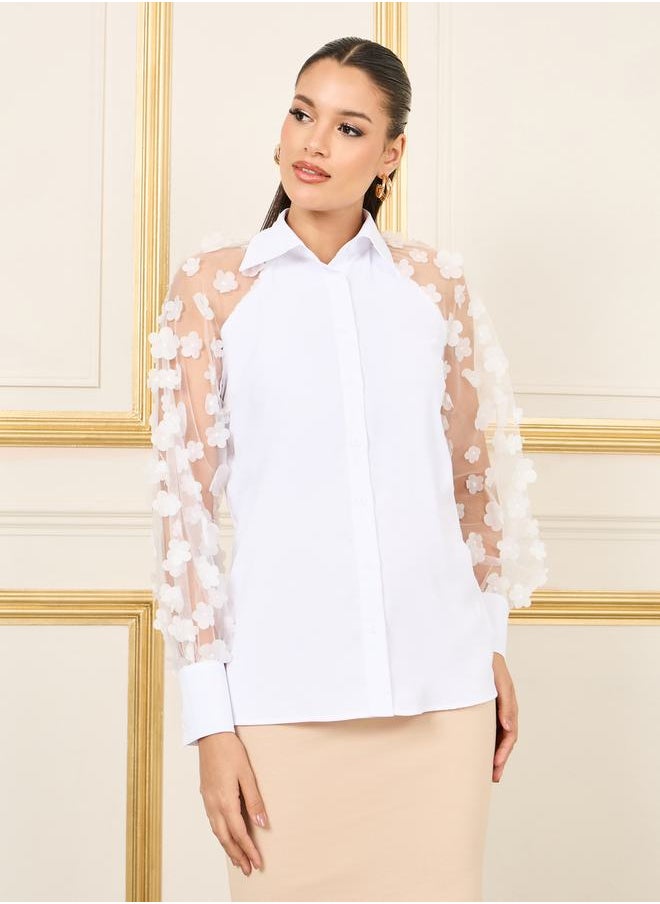 Styli - Floral Applique Mesh Sleeves Regular Fit Shirt - Image 1