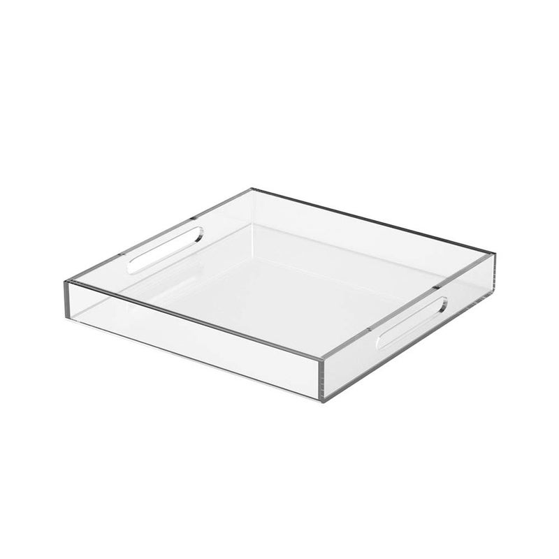NIUBEE Acrylic Serving Tray 10x10 Inches -Spill Proof- Clear Decorative Tray Organiser for Ottoman Coffee Table Countertop with Handles - Image 1